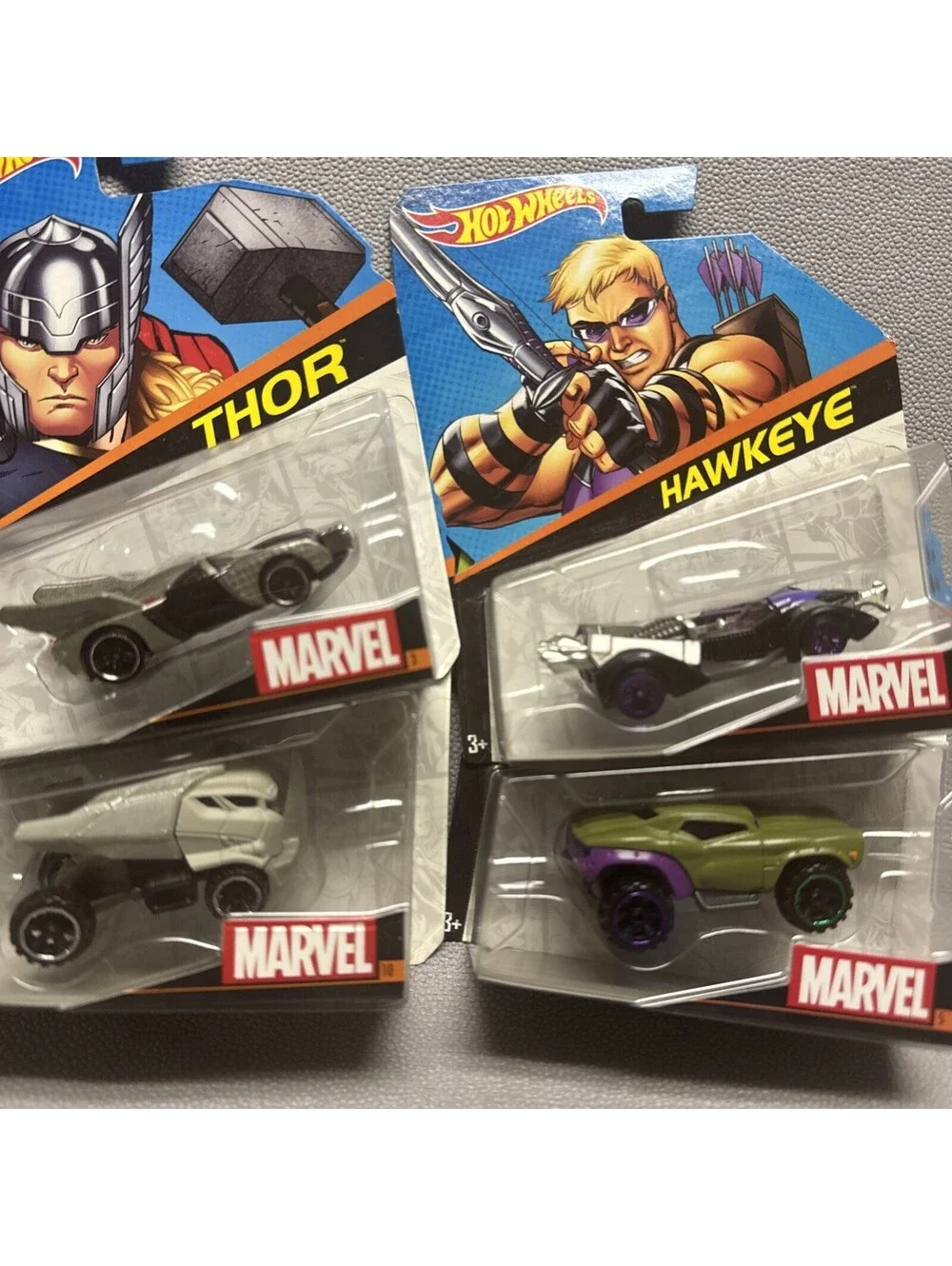 Marvel Hot Wheels Lot Of 4 Hulk Rhino Thor  & Hawkeye From 2013 - 2014 Not Mint